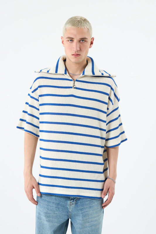 Oversized Striped Sweatshirt with Zipper Collar