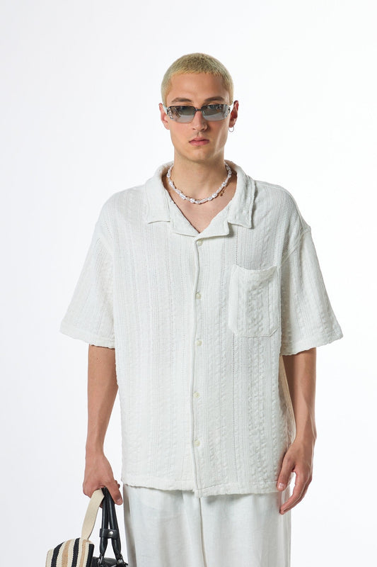 Oversized Short-Sleeve Knitted Shirt with Pockets