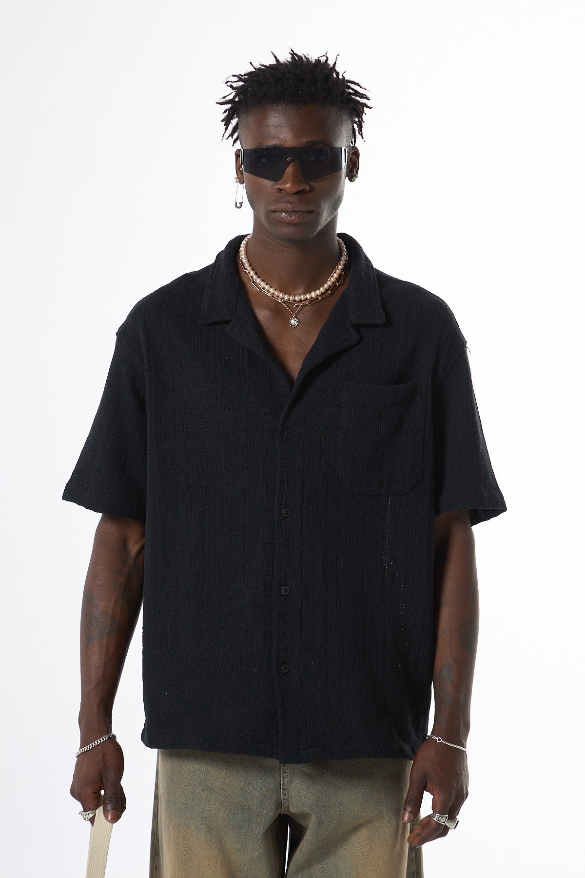 Oversized Short-Sleeve Knitted Shirt with Pockets