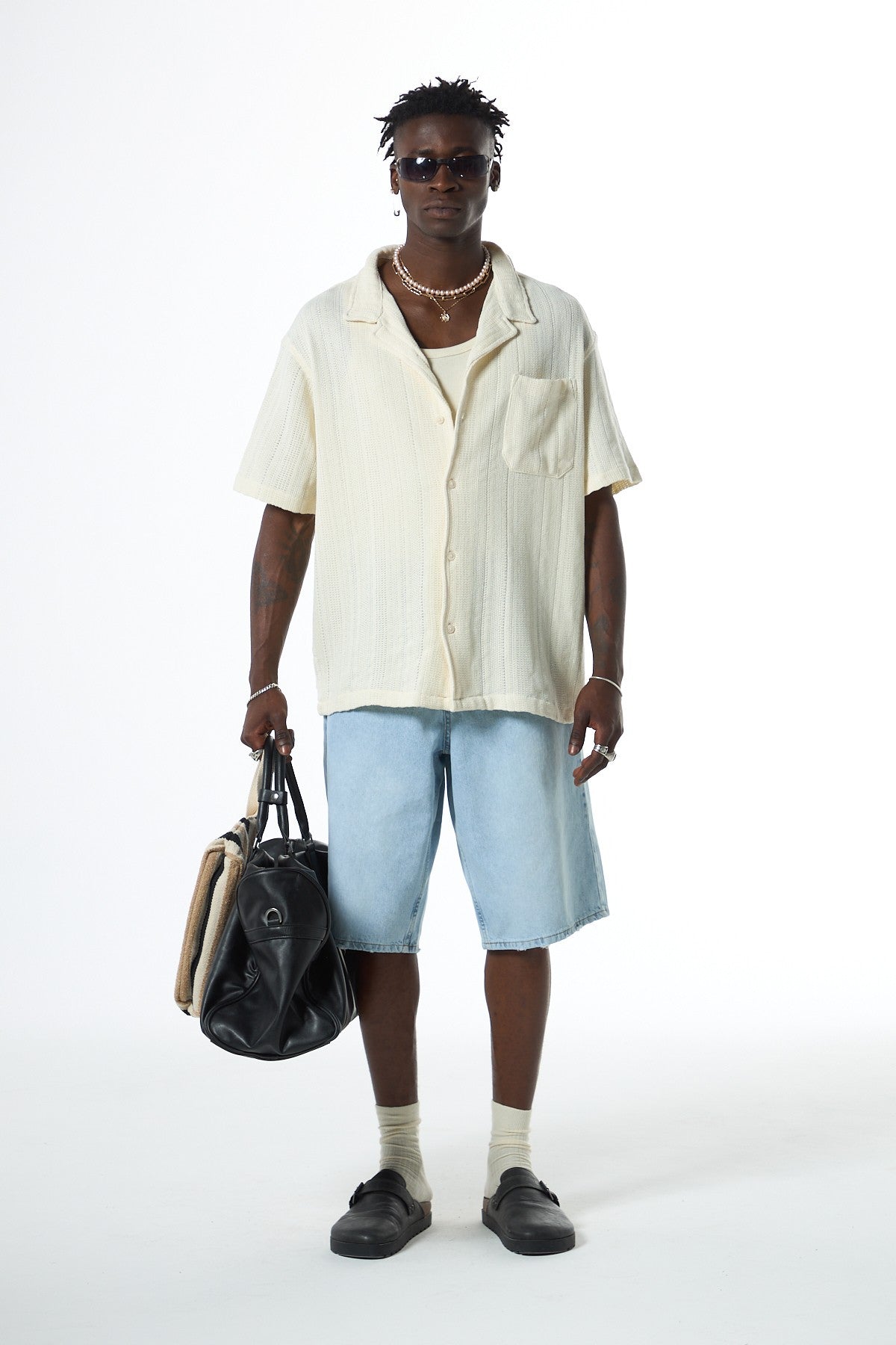 Oversized Short-Sleeve Knitted Shirt with Pockets