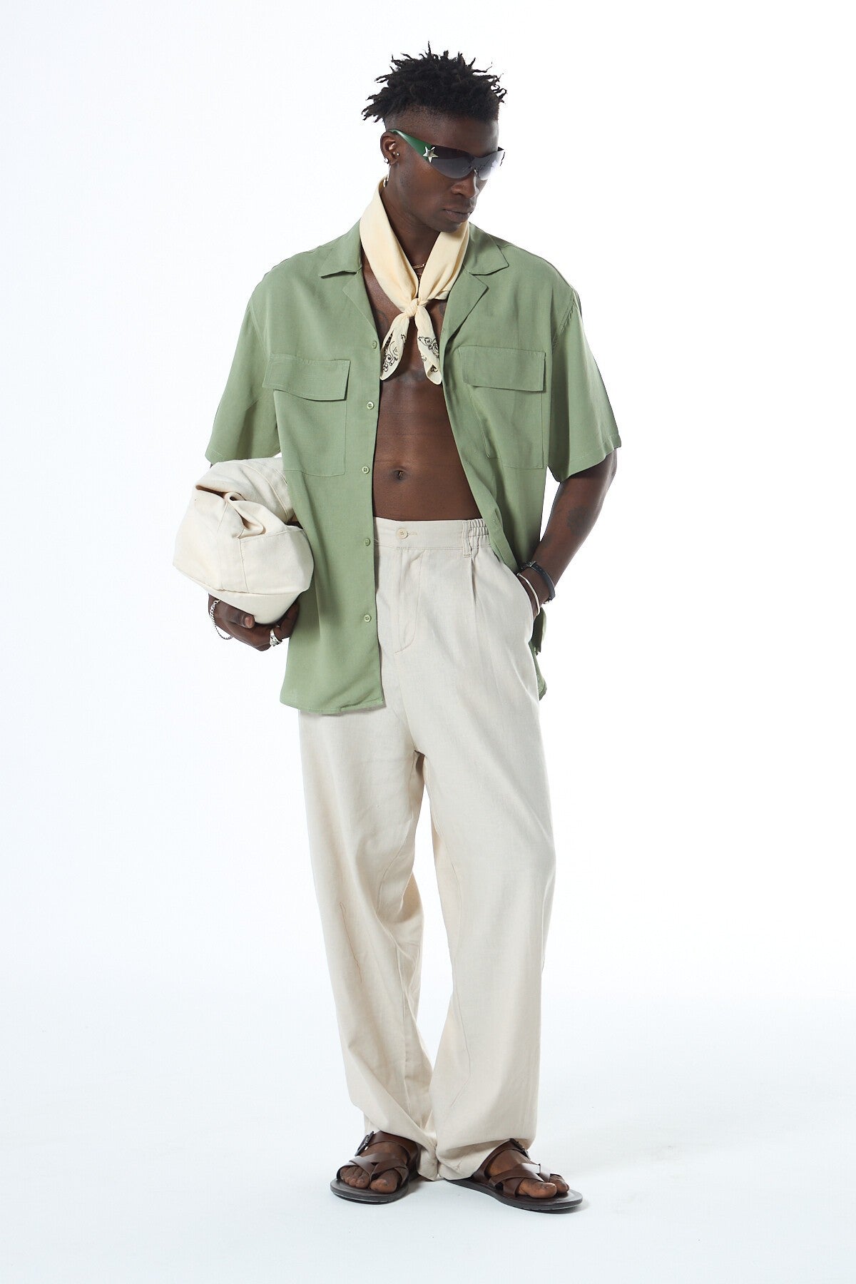 Oversized Short-Sleeve Linen Shirt with Two Pockets