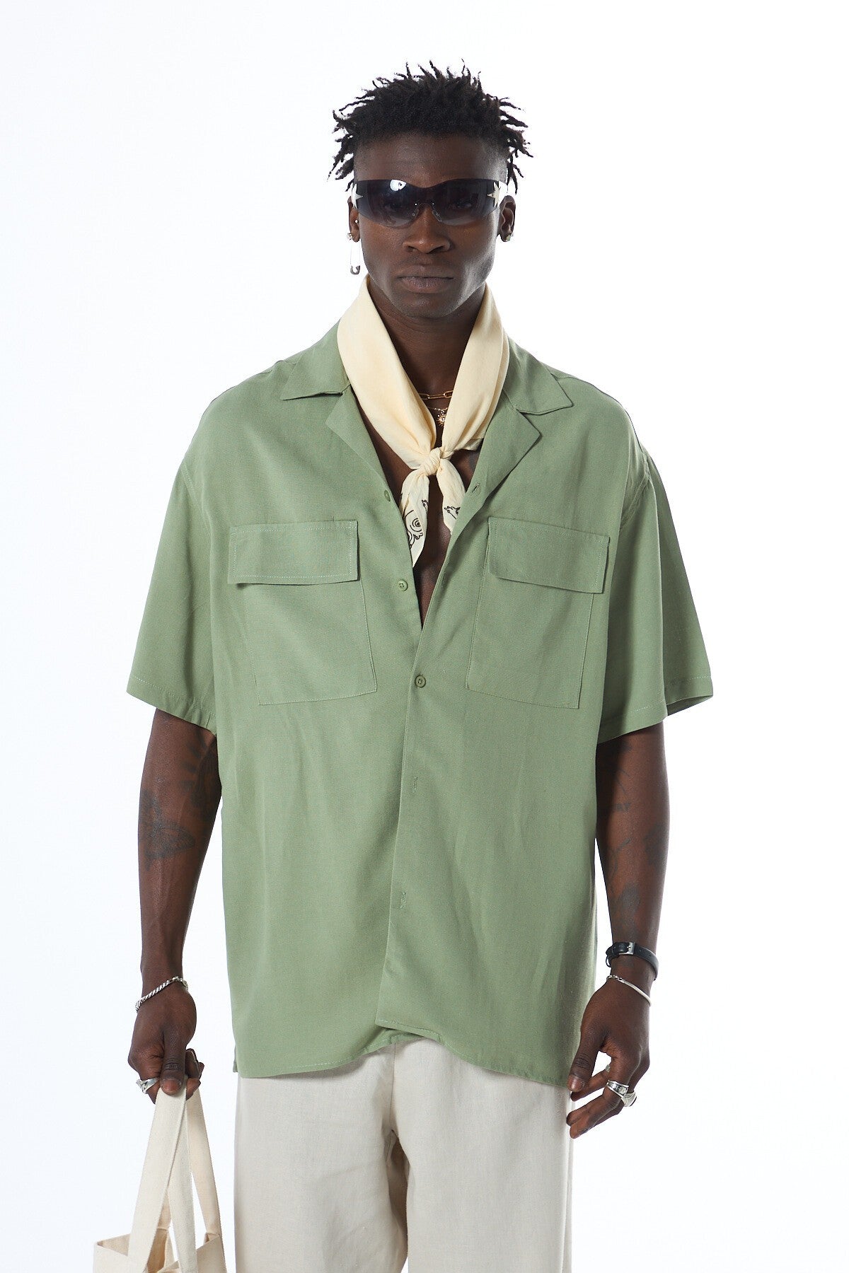 Oversized Short-Sleeve Linen Shirt with Two Pockets