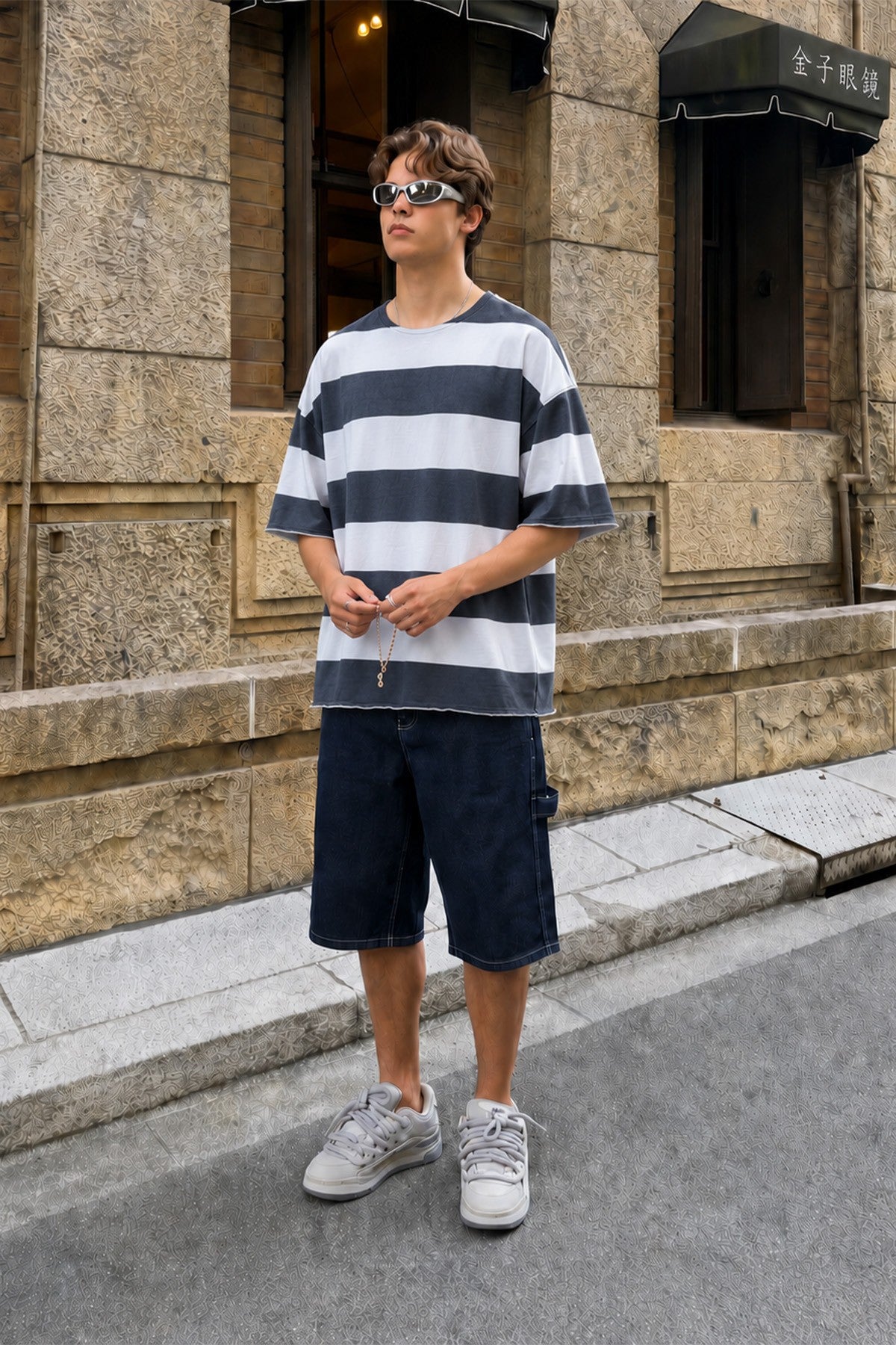 Oversized 100% Cotton T-Shirt with Digital Print Stripes