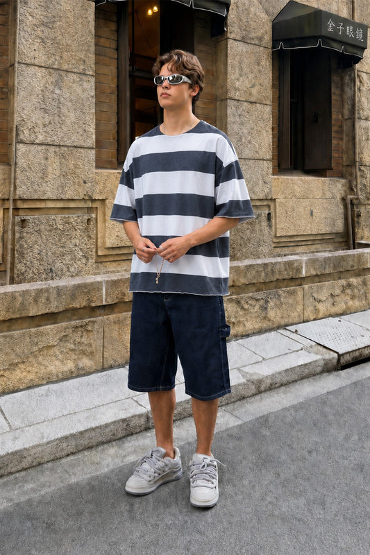 Oversized 100% Cotton T-Shirt with Digital Print Stripes