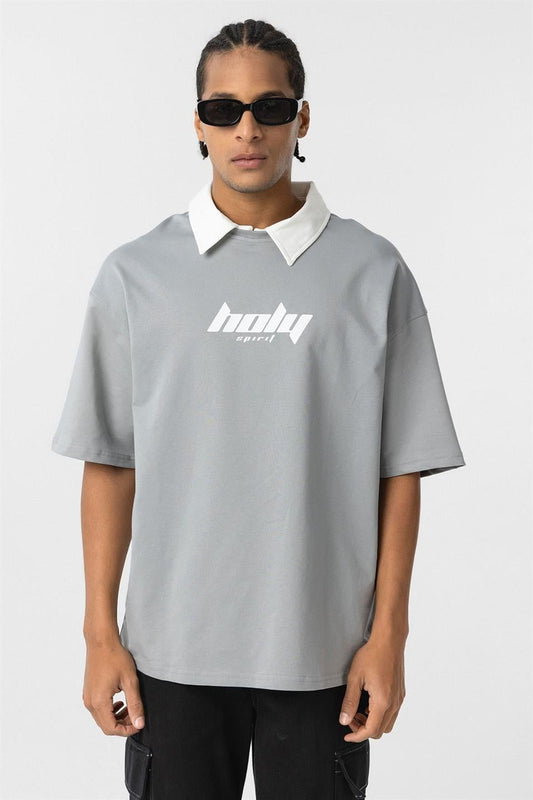 Oversized Printed T-Shirt with a Polo Collar