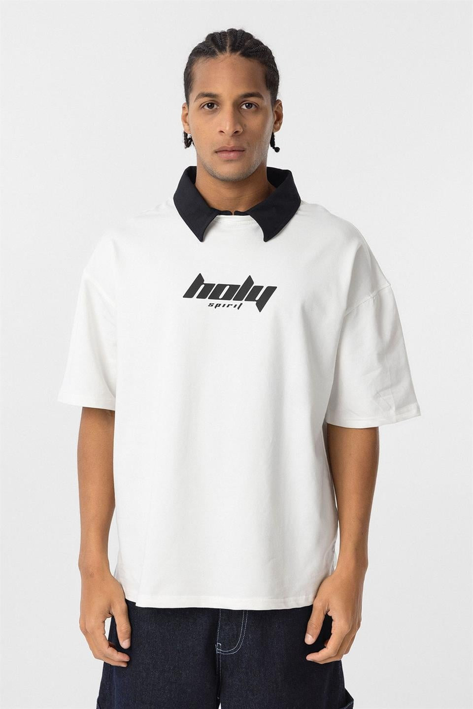 Oversized Printed T-Shirt with a Polo Collar