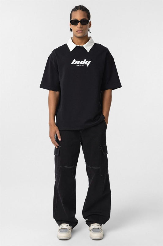 Oversized Printed T-Shirt with a Polo Collar