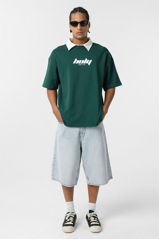 Oversized Printed T-Shirt with a Polo Collar