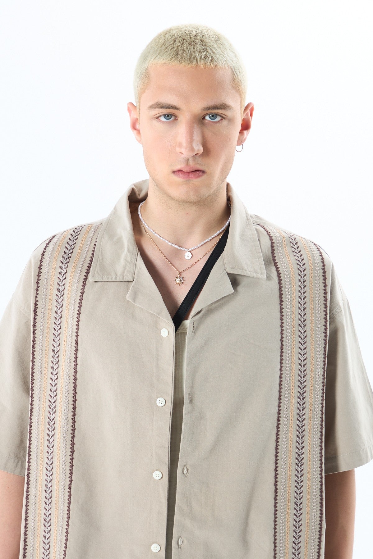 Oversized Short-Sleeve Linen Shirt with Embroidery Details and No Pockets