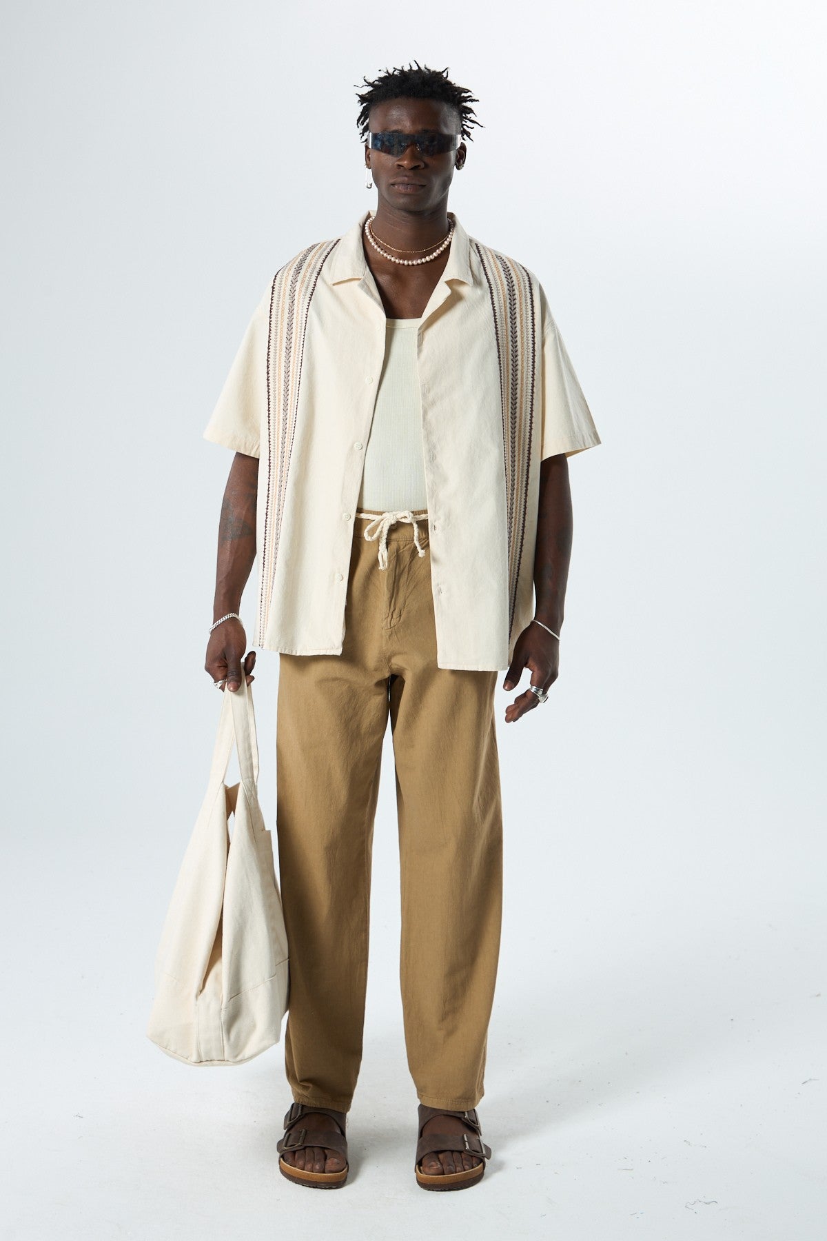Oversized Short-Sleeve Linen Shirt with Embroidery Details and No Pockets
