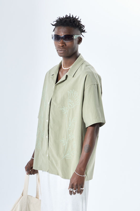 Short-Sleeved Oversized Linen Shirt with Embroidered Details