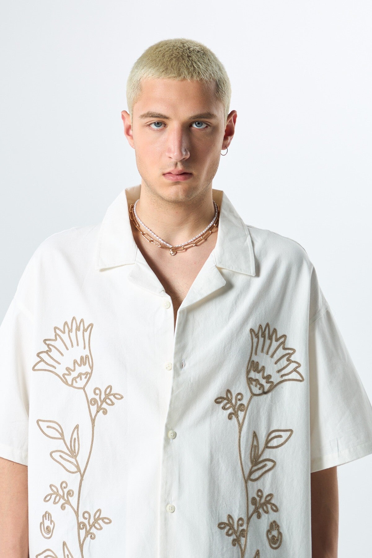 Short-Sleeved Oversized Linen Shirt with Embroidered Details