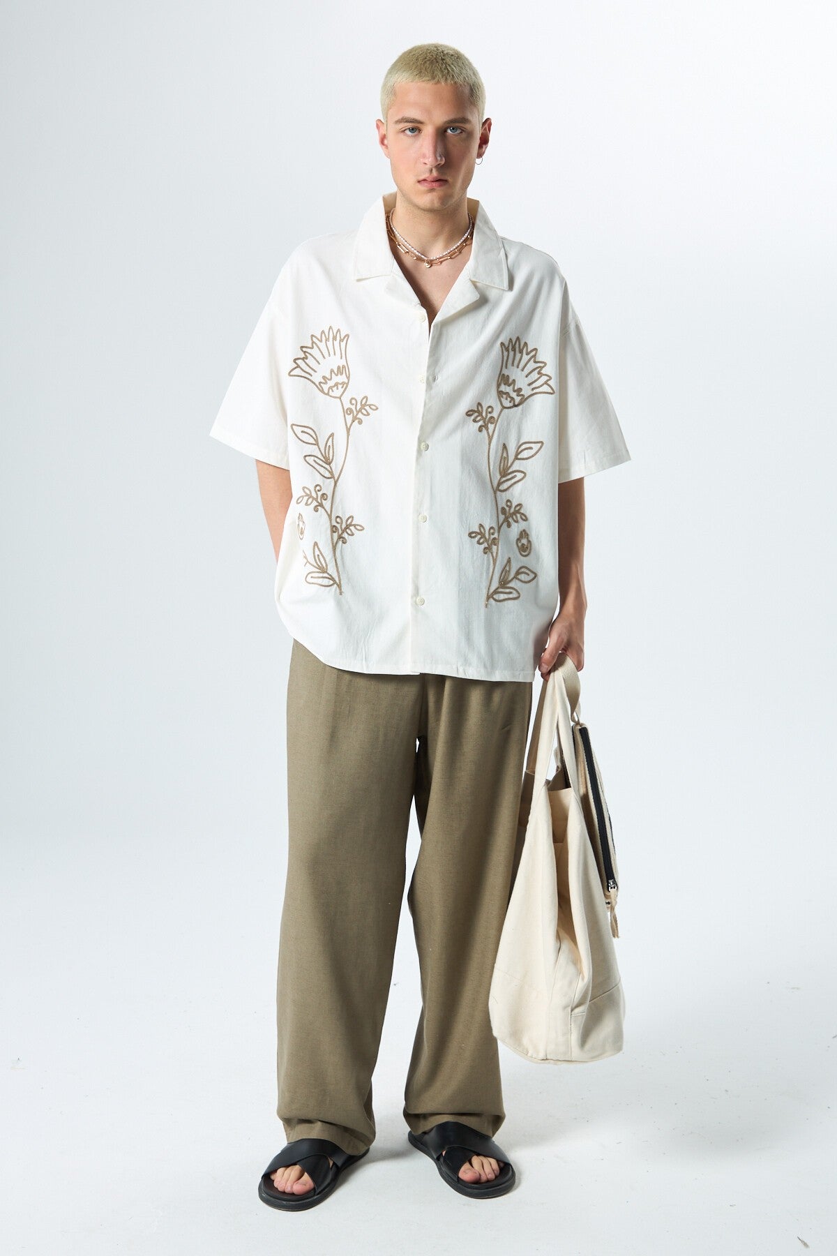 Short-Sleeved Oversized Linen Shirt with Embroidered Details