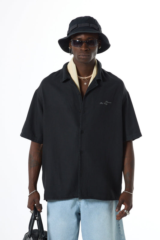 Oversized Short-Sleeve Shirt with Back Print, No Pockets, Washed Finish