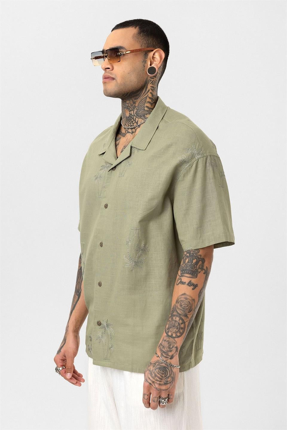 Oversized Short-Sleeve Shirt with Embroidery Details