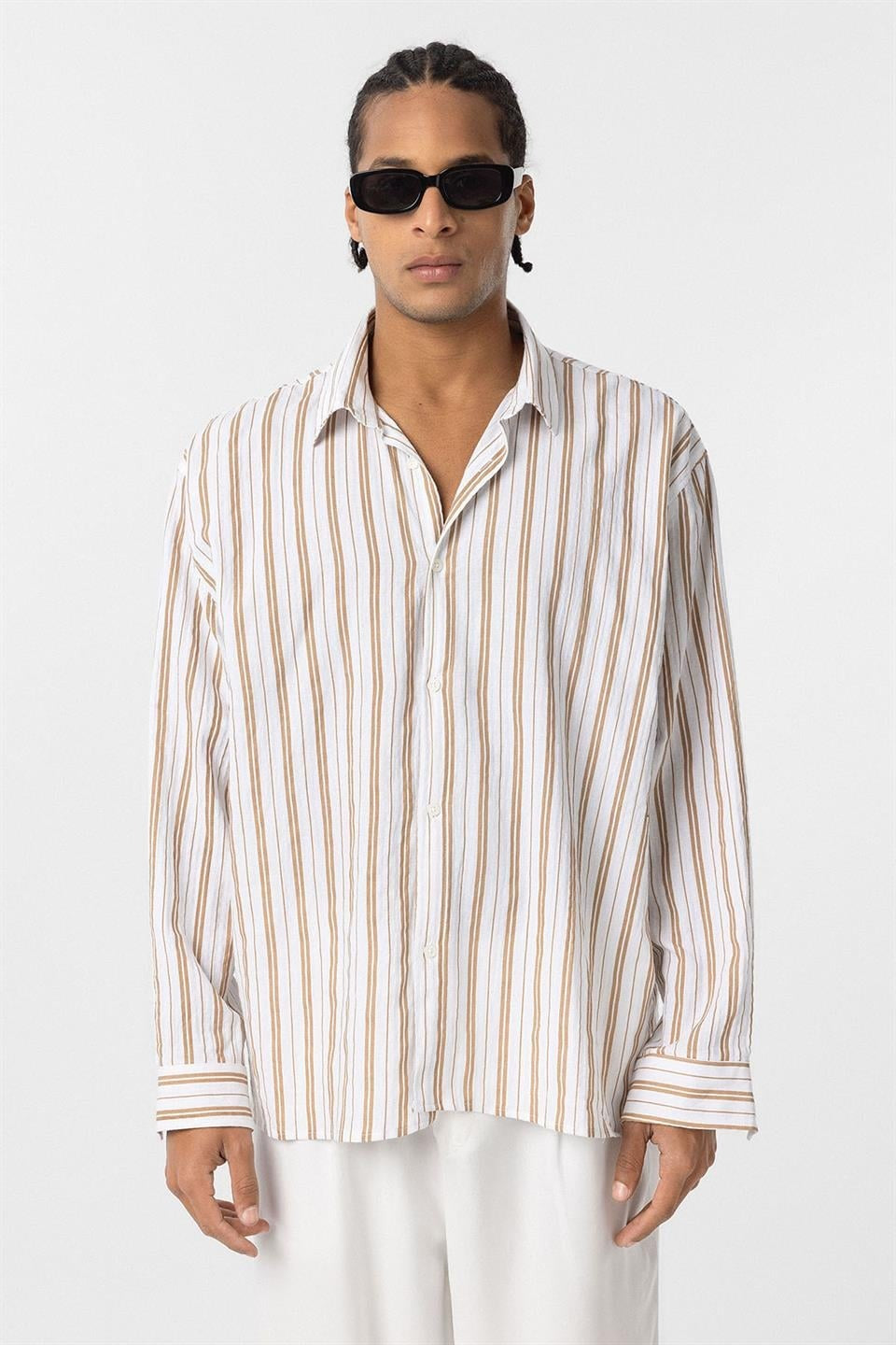 Striped Long-Sleeved Oversized Linen Shirt