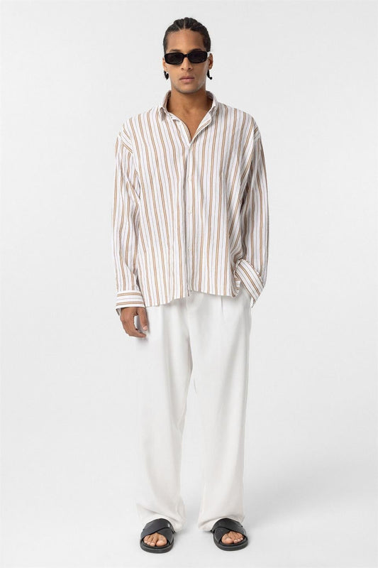 Striped Long-Sleeved Oversized Linen Shirt