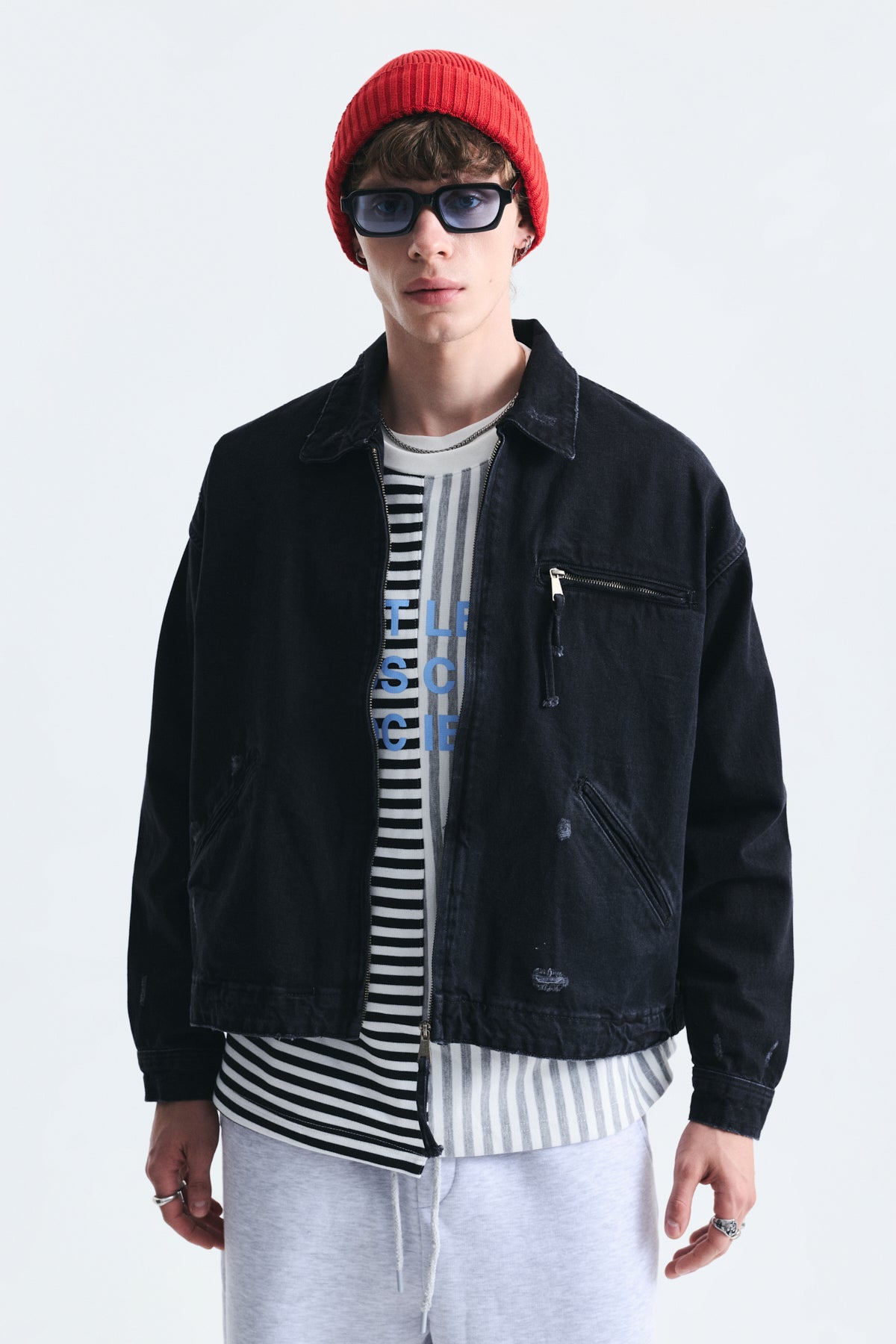 Oversized Zipper-Front Denim Jacket