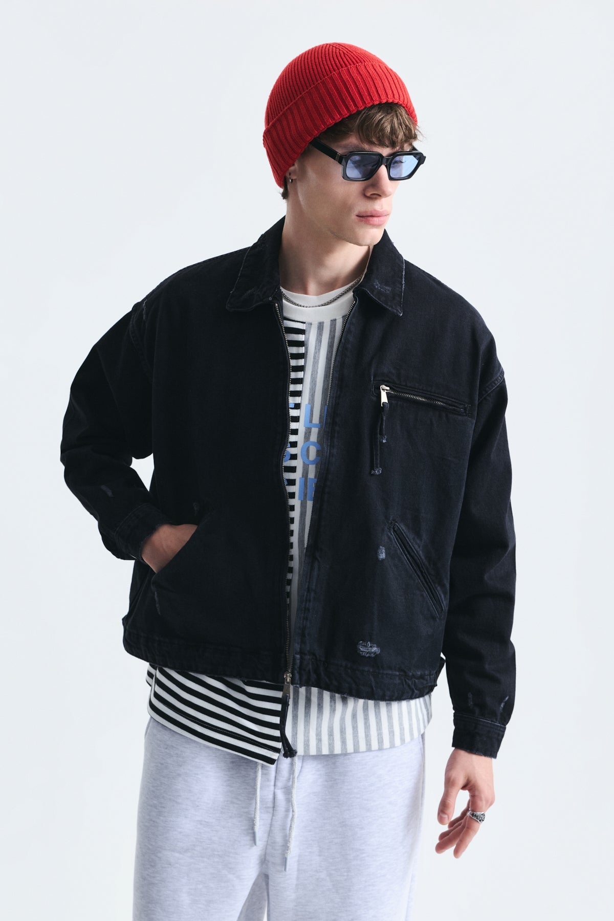 Oversized Zipper-Front Denim Jacket
