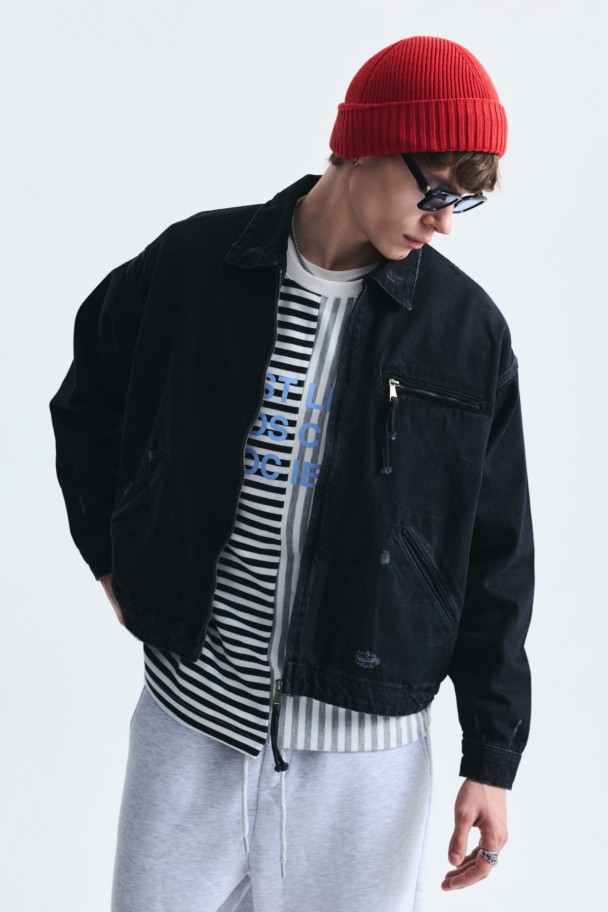 Oversized Zipper-Front Denim Jacket