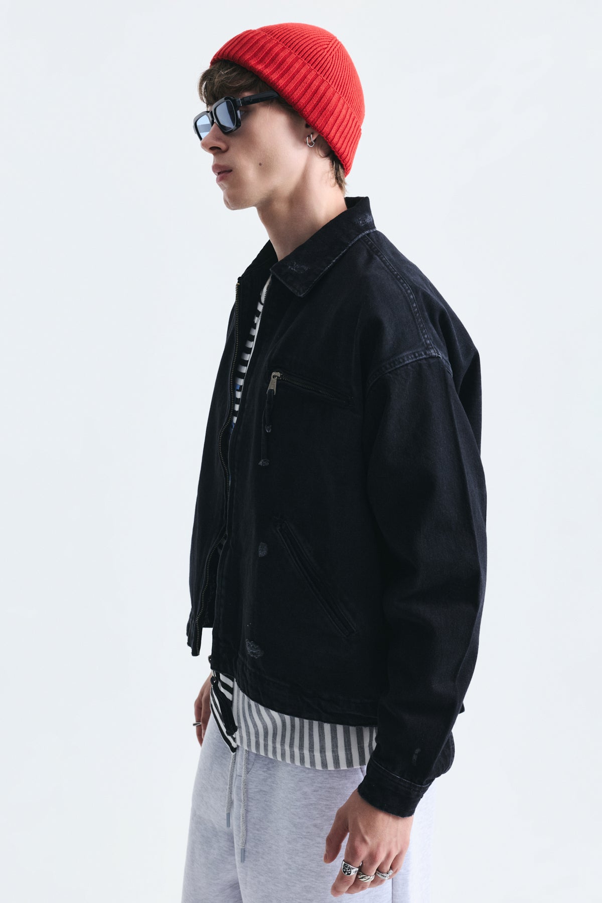 Oversized Zipper-Front Denim Jacket