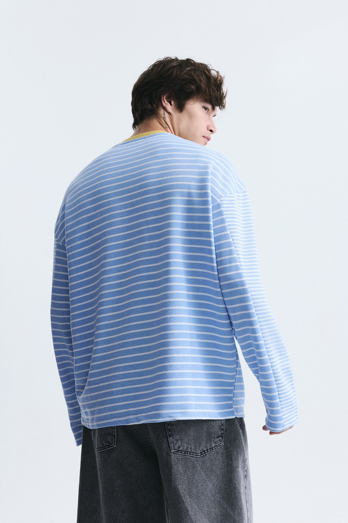 Contrast-Collar Striped Sweatshirt