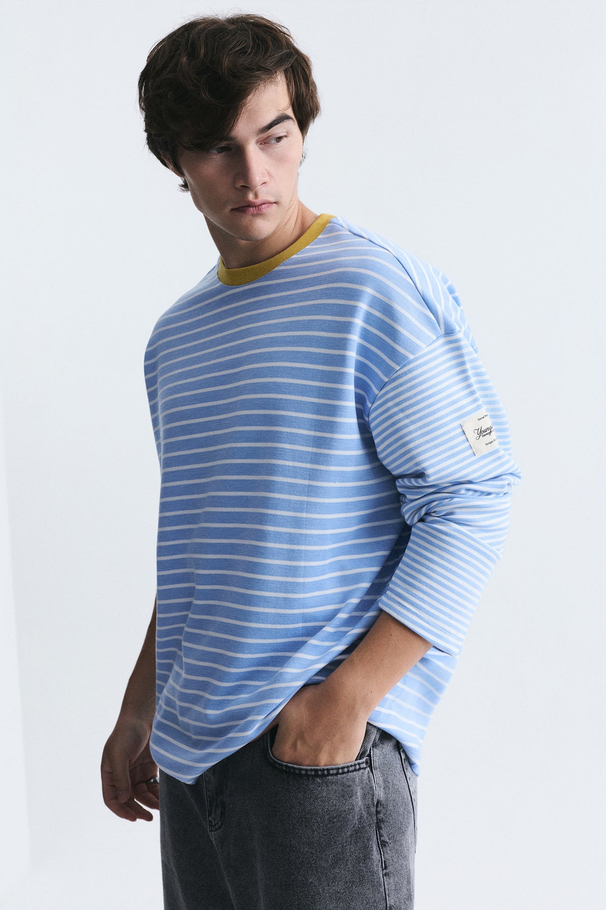 Contrast-Collar Striped Sweatshirt