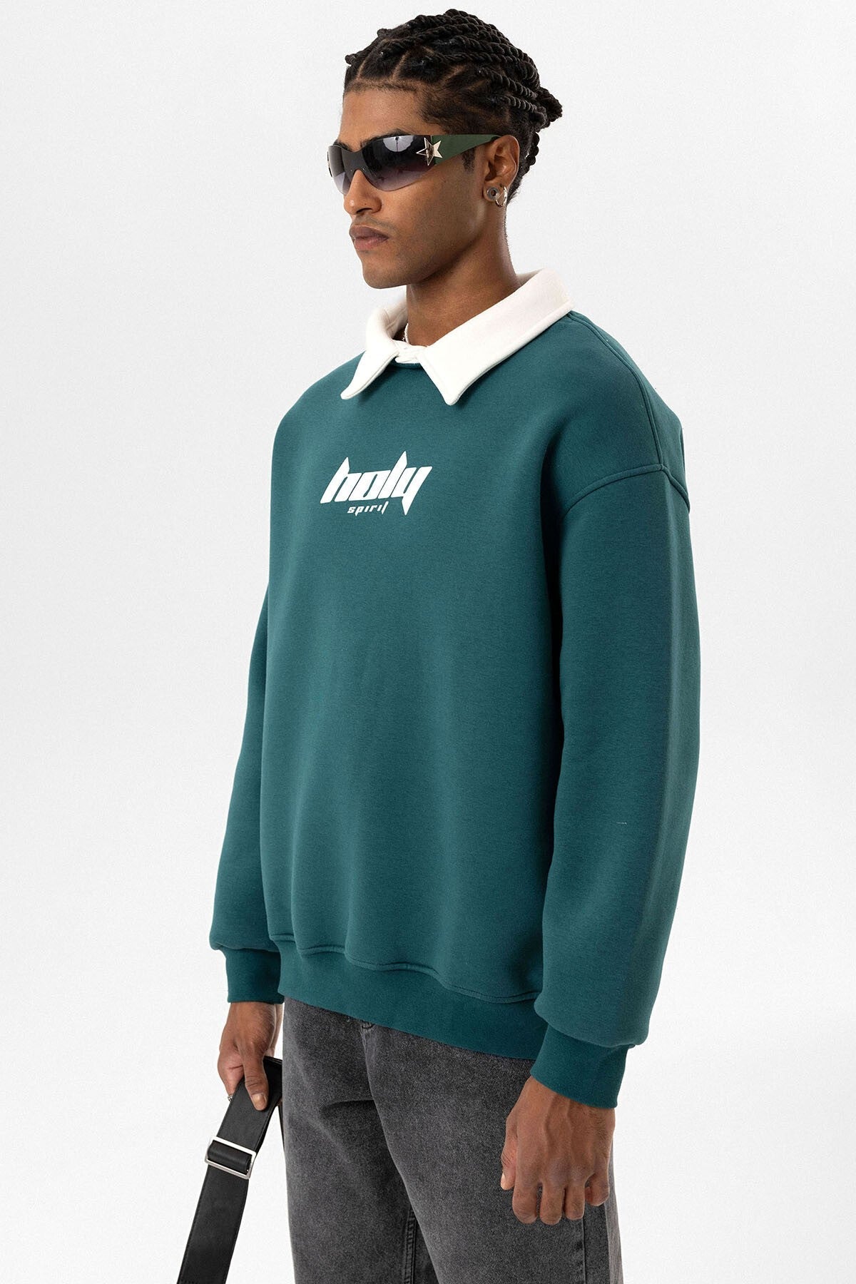 Oversized Printed Sweatshirt with a Polo Collar
