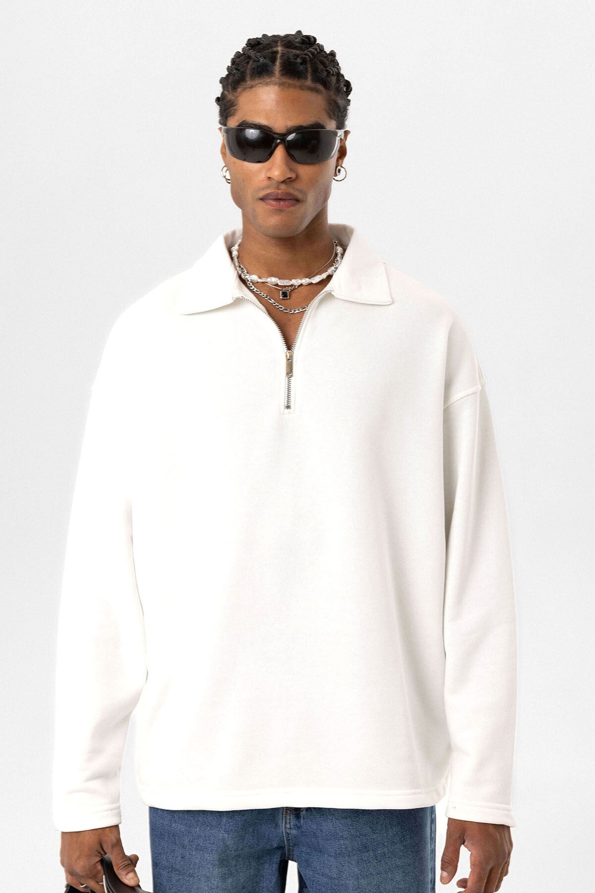 Basic Polo Neck Sweatshirt with Zipper Detail