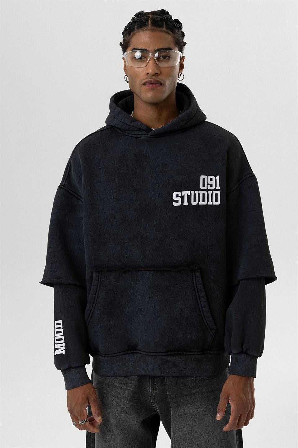 Oversized Hooded Sweatshirt with Double-Sleeve Detail (Washed)