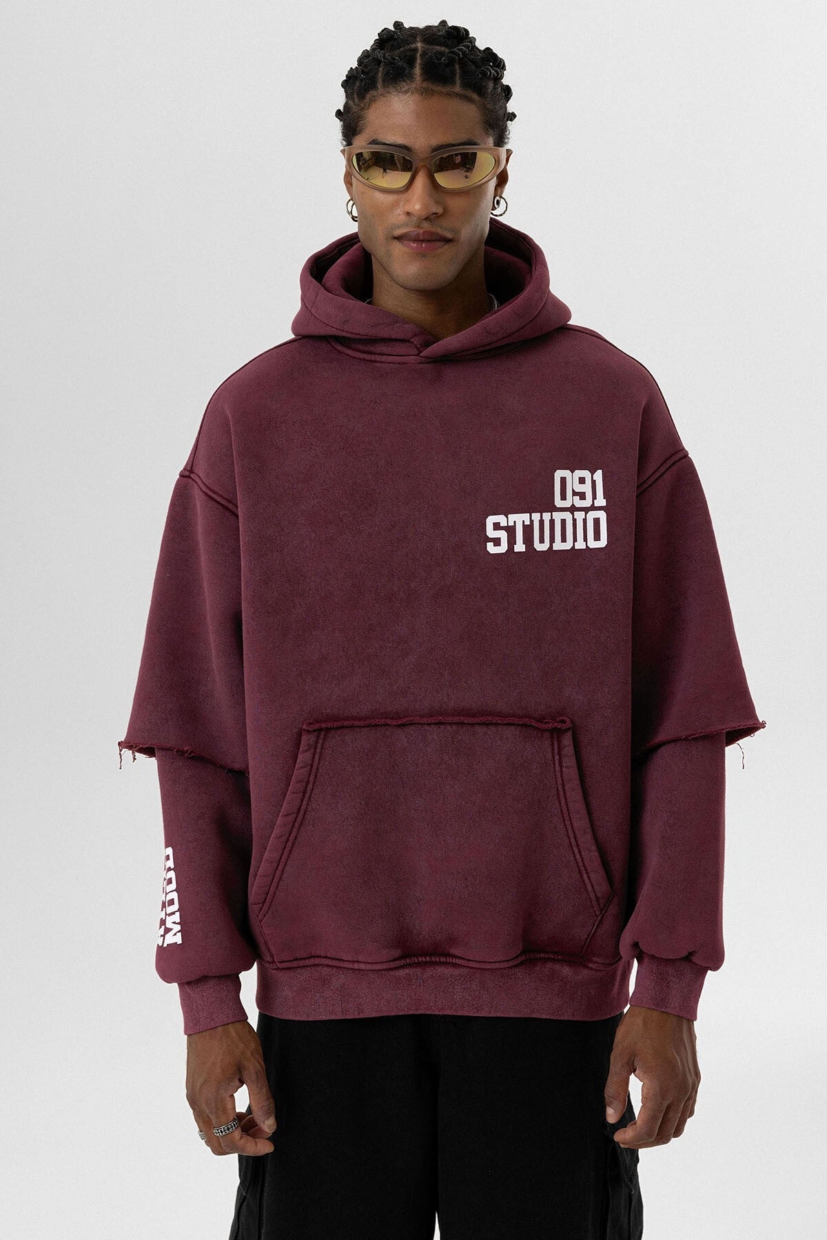 Oversized Hooded Sweatshirt with Double-Sleeve Detail (Washed)