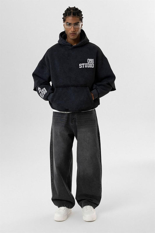 Oversized Hooded Sweatshirt with Double-Sleeve Detail (Washed)