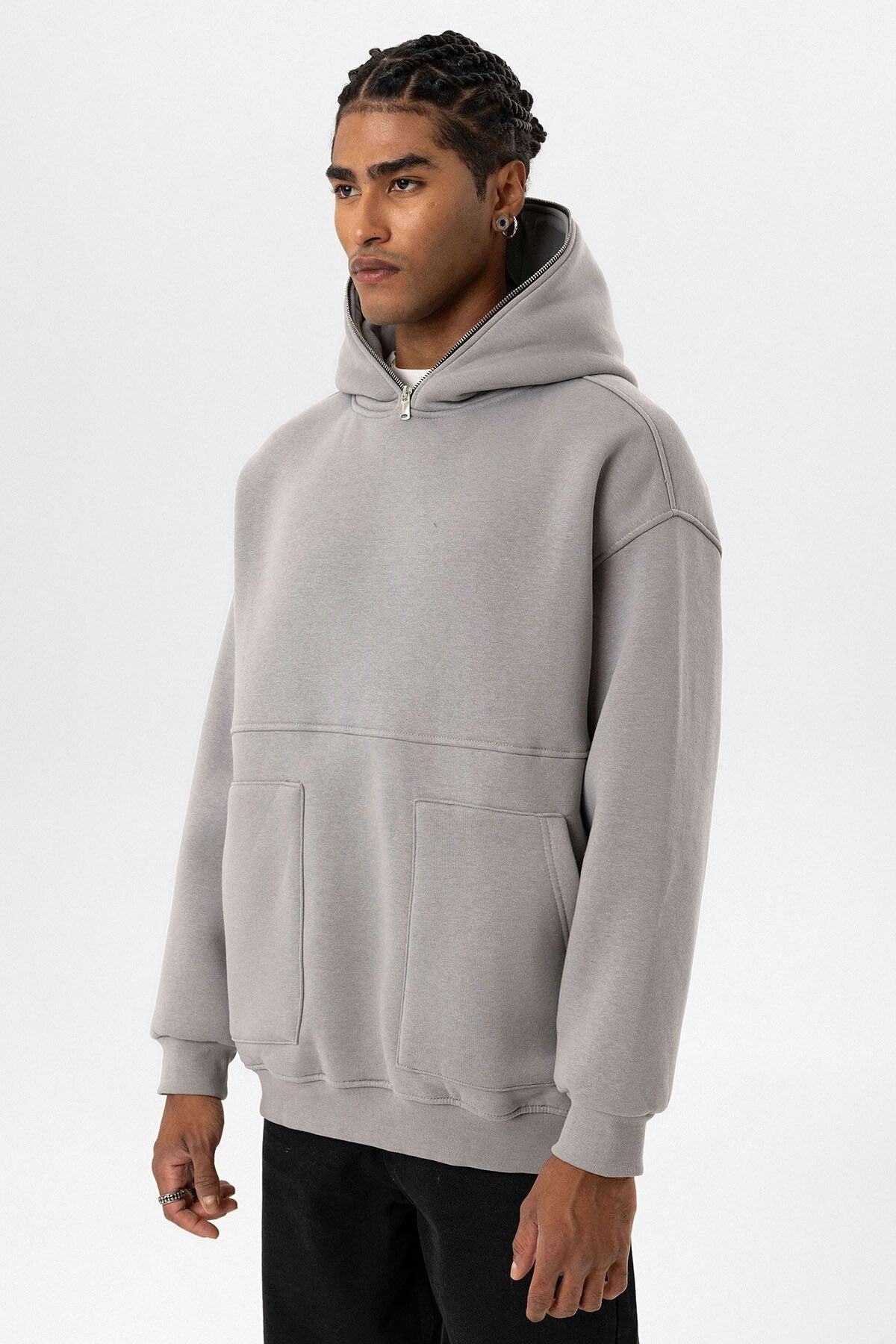 Hooded Sweatshirt with Double-Pocket Zipper Detail