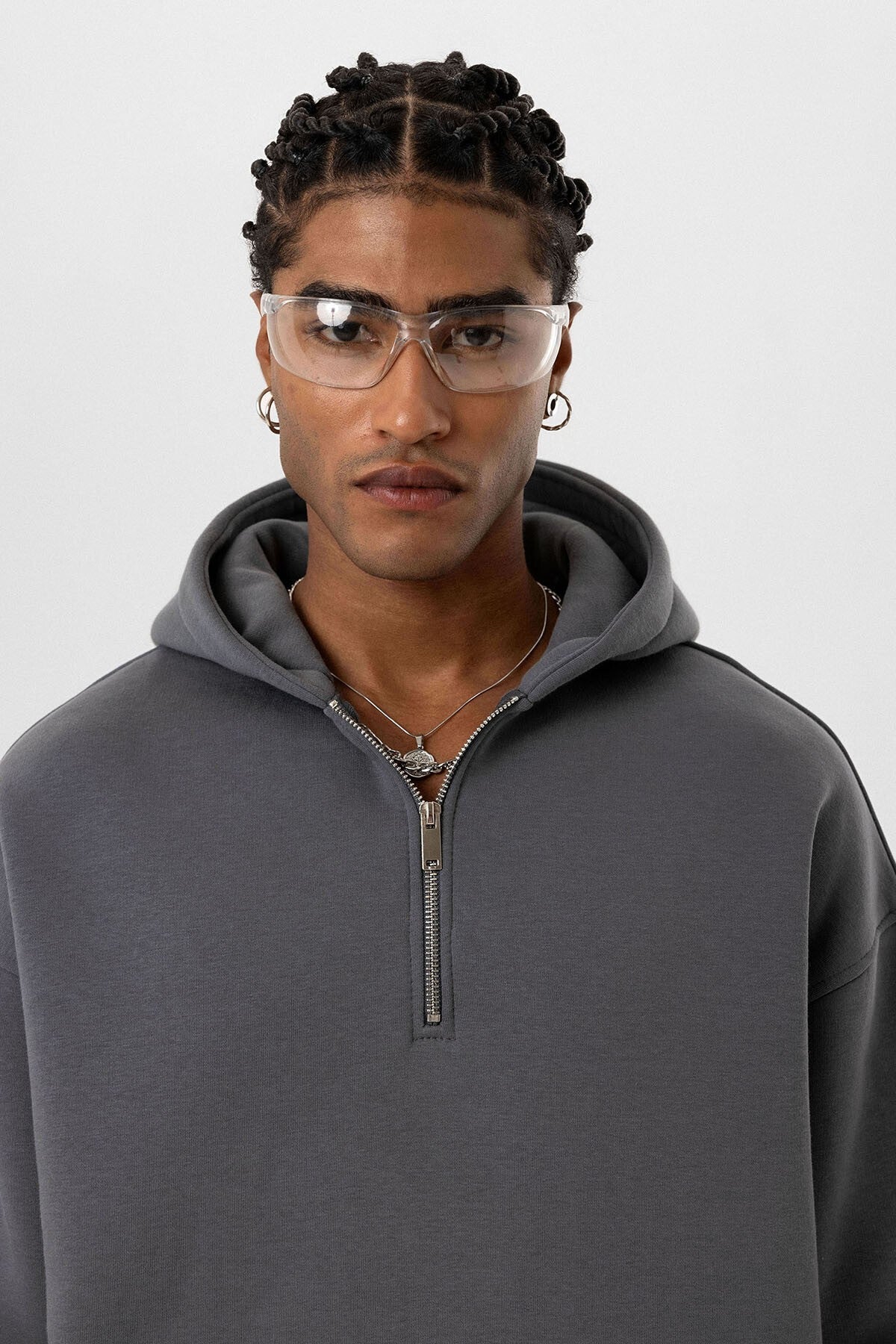 Basic Oversized Hooded Sweatshirt with Zipper Detail