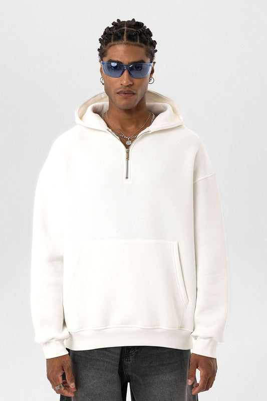 Basic Oversized Hooded Sweatshirt with Zipper Detail