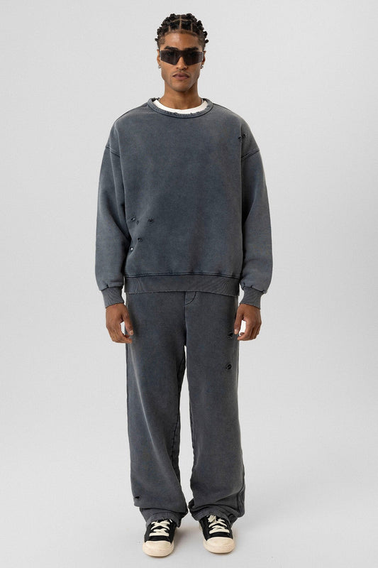 Premium Washed Oversized Sweatsuit Set with Ripped Details