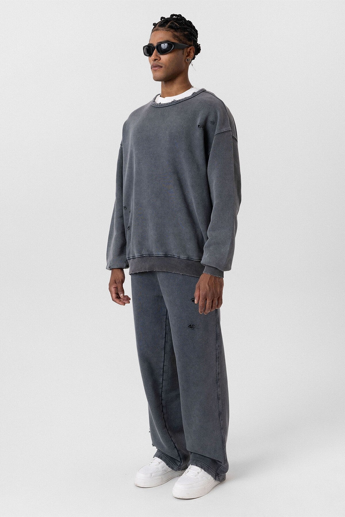 Premium Washed Oversized Sweatsuit Set with Ripped Details
