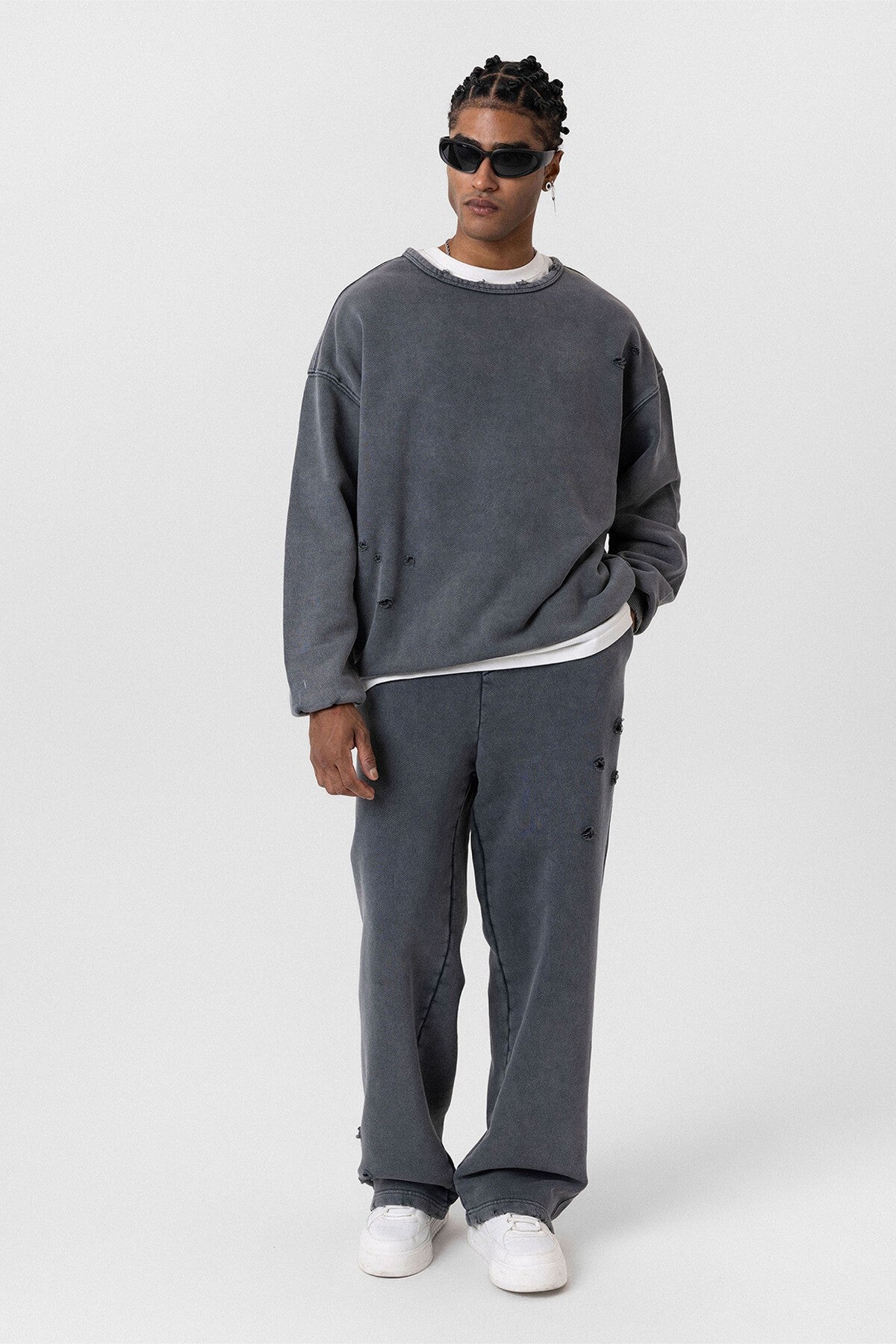 Premium Washed Oversized Sweatsuit Set with Ripped Details