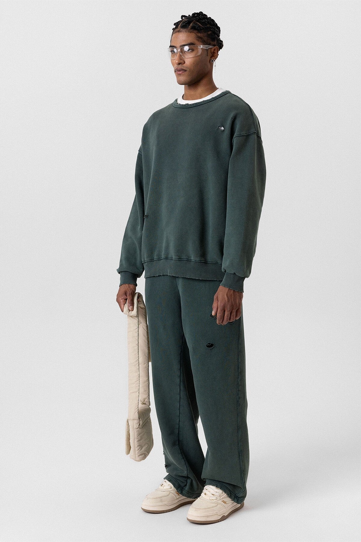 Premium Washed Oversized Sweatsuit Set with Ripped Details