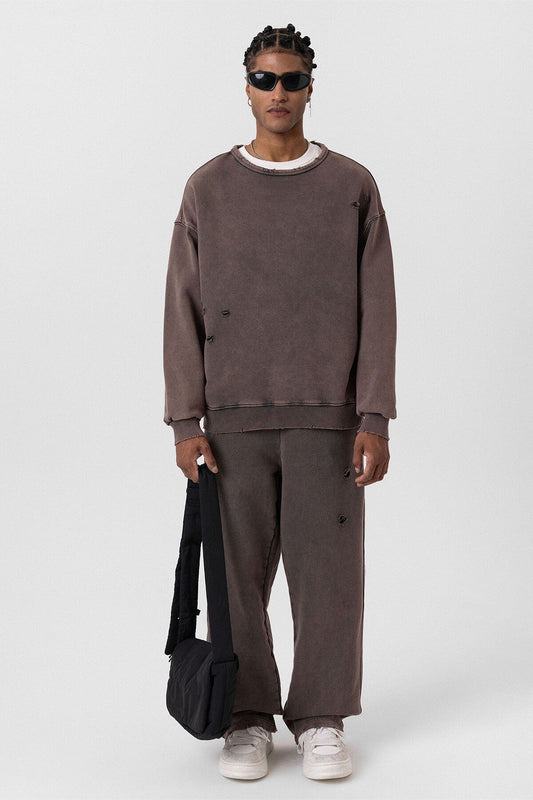Premium Washed Oversized Sweatsuit Set with Ripped Details