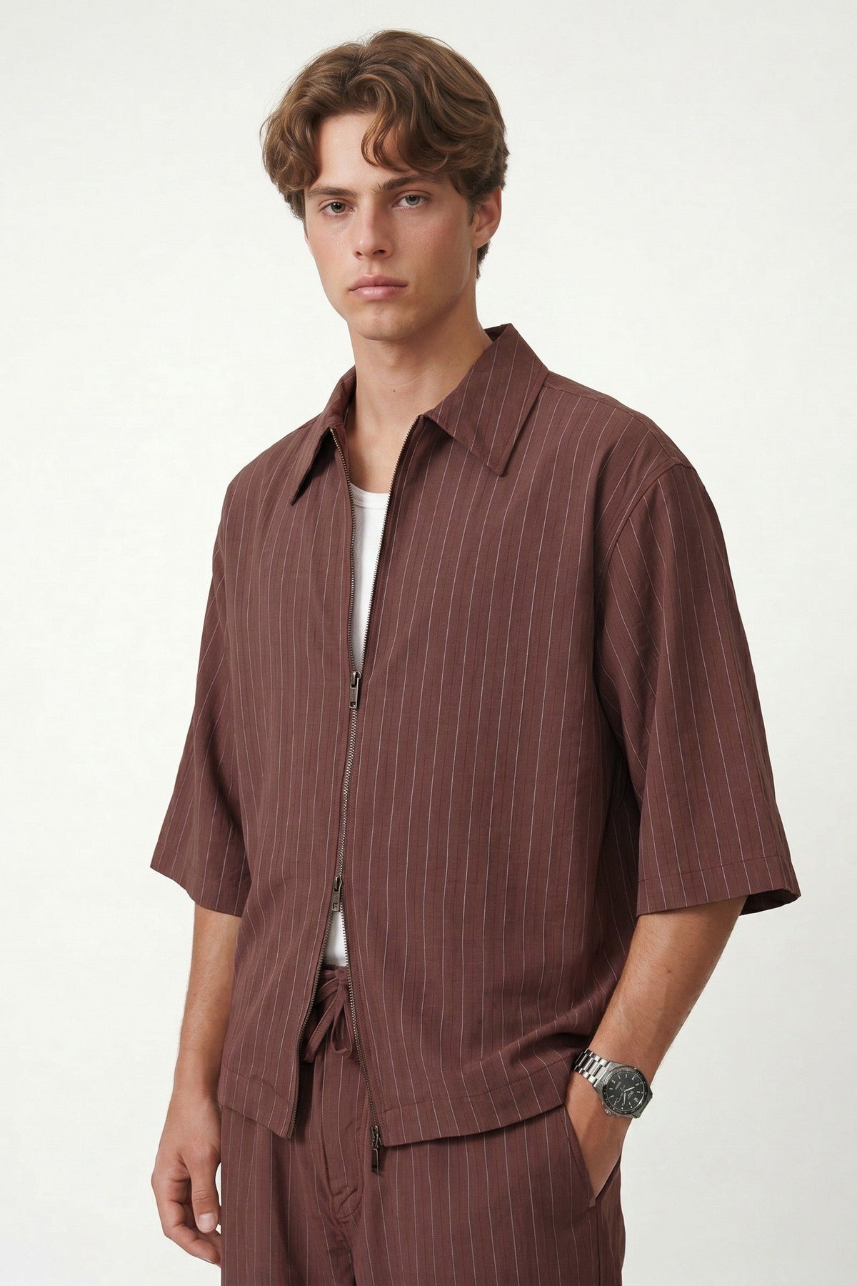 Lyocell-Blend Striped Linen Shirt with a Zipper