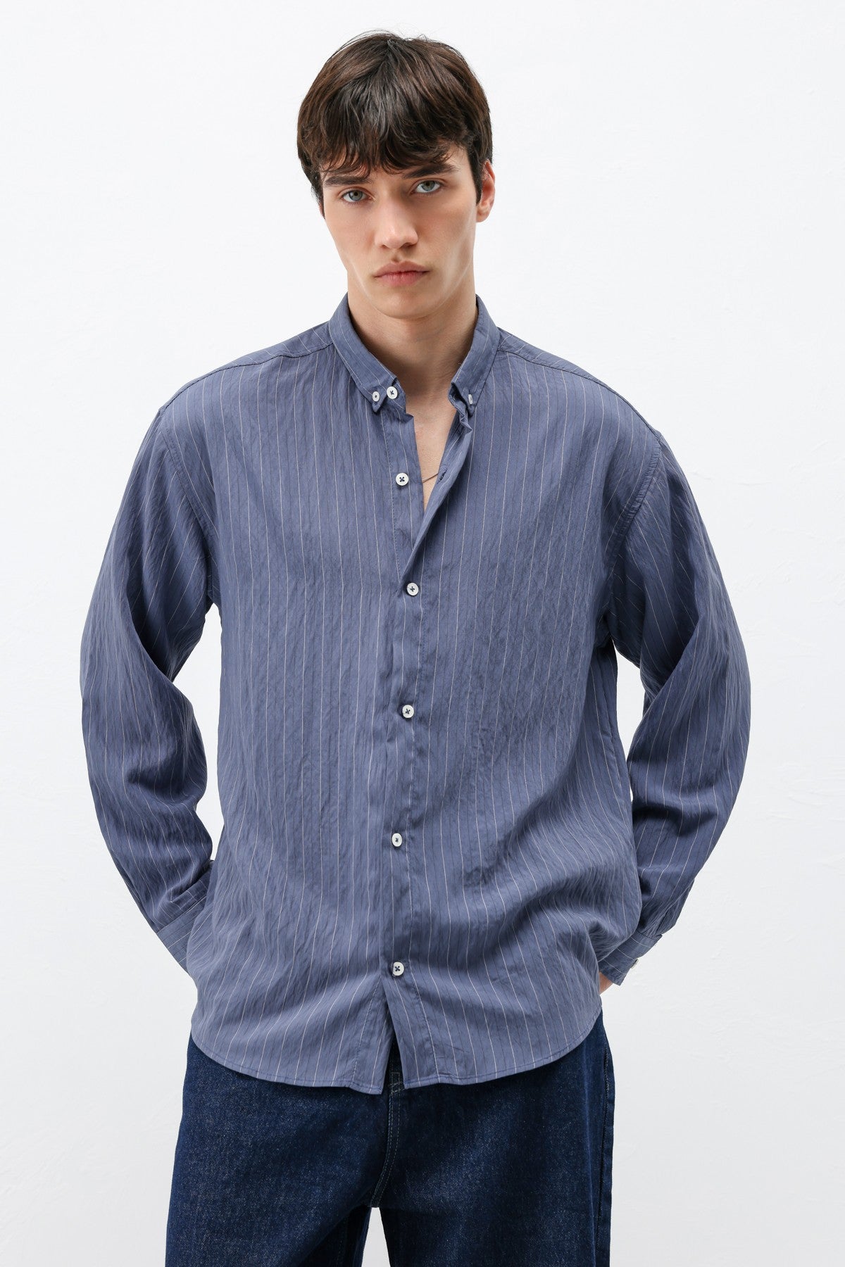 Oversized Shirt in Striped Lyocell Fabric