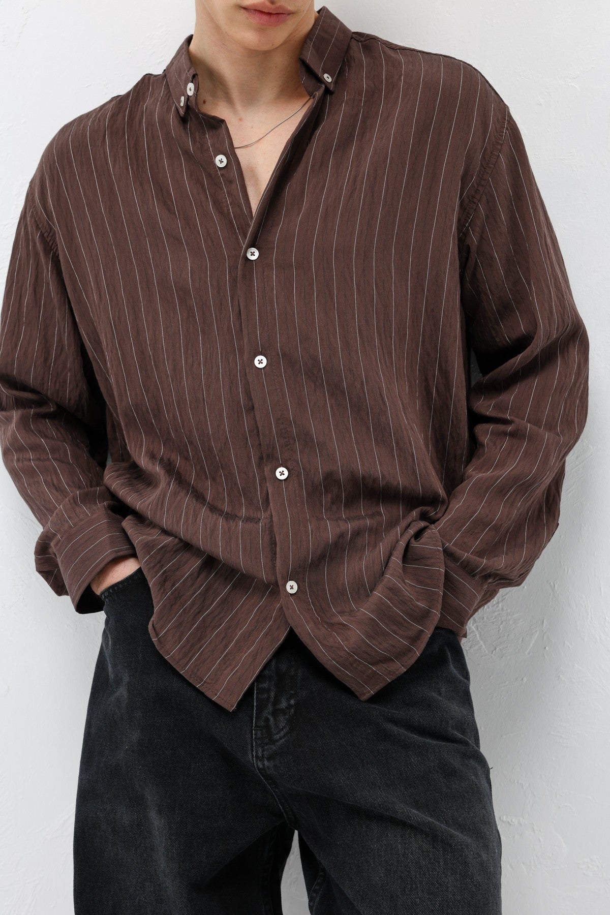 Oversized Shirt in Striped Lyocell Fabric