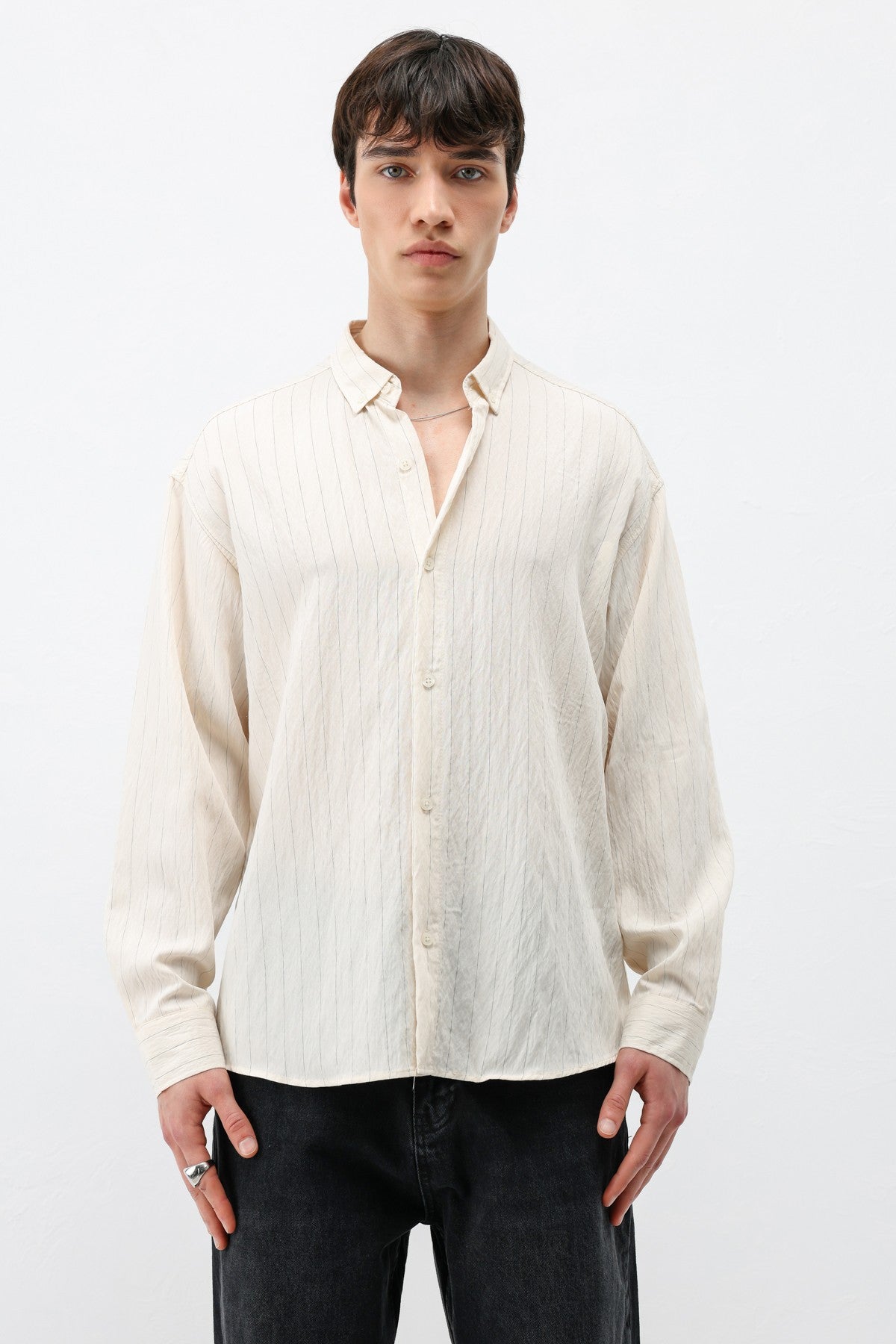 Oversized Shirt in Striped Lyocell Fabric