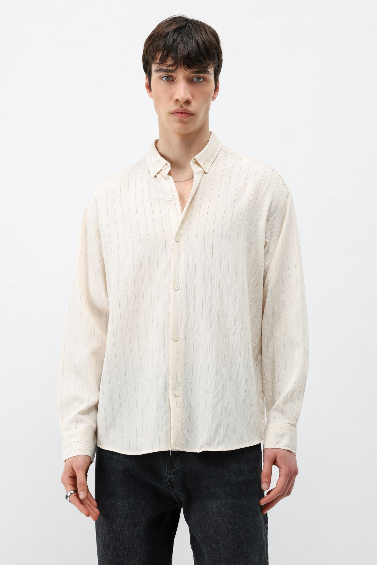 Oversized Shirt in Striped Lyocell Fabric