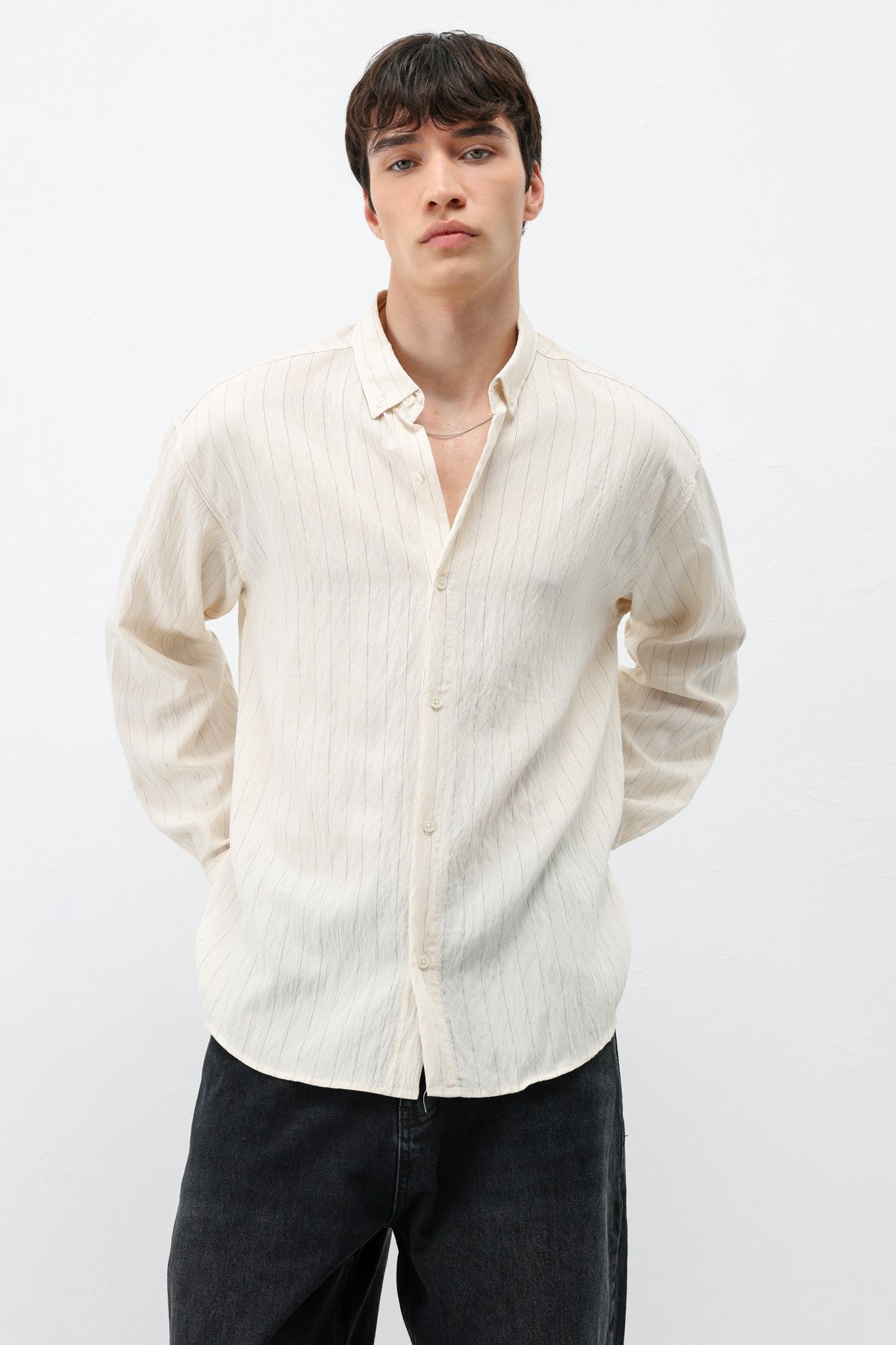 Oversized Shirt in Striped Lyocell Fabric