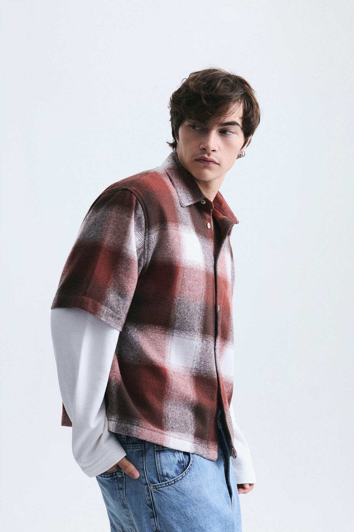 Boxy Fit Checkered Double-Sleeve Shirt