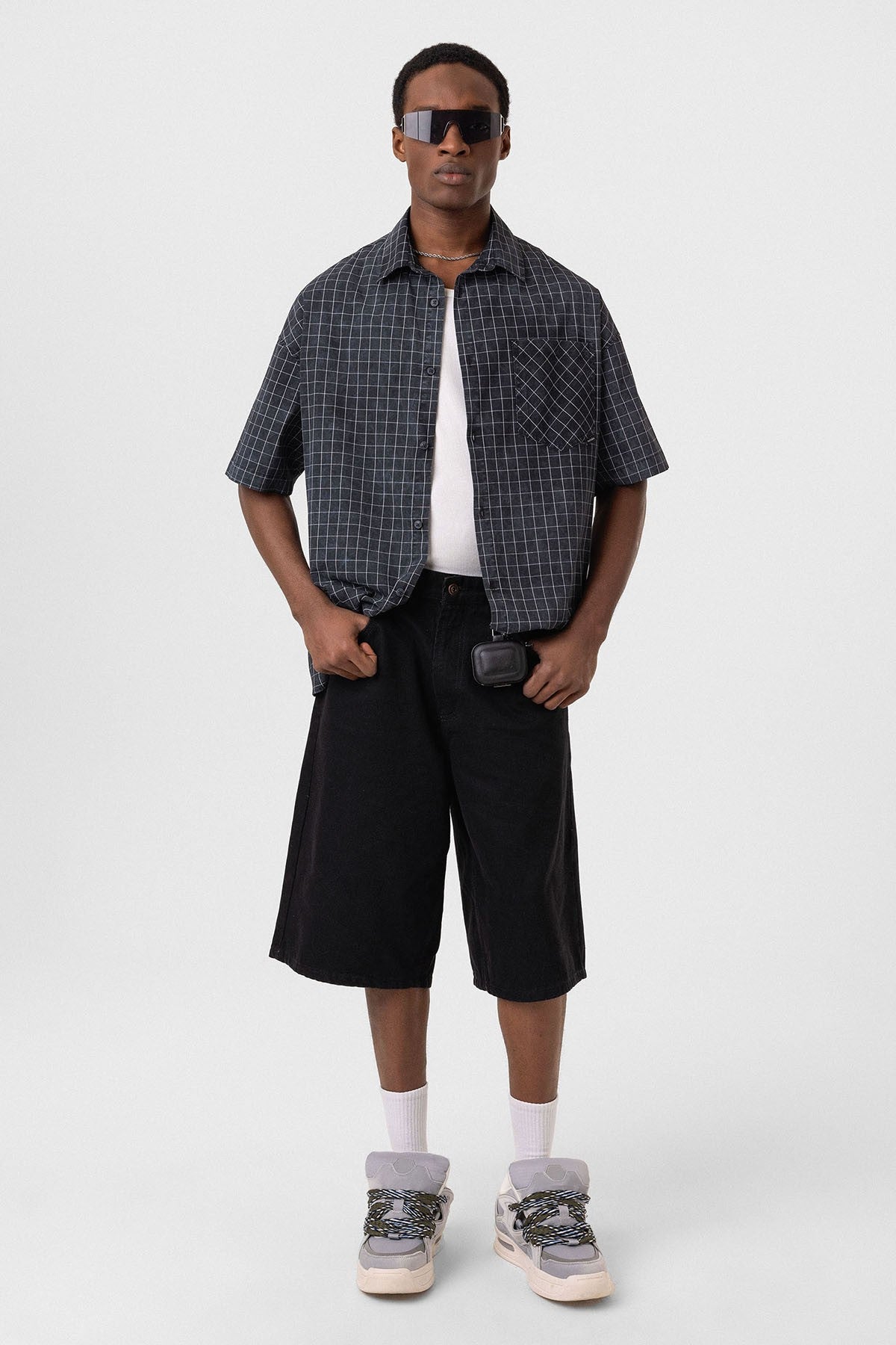 Oversized Short-Sleeve Checkered Shirt with Pockets