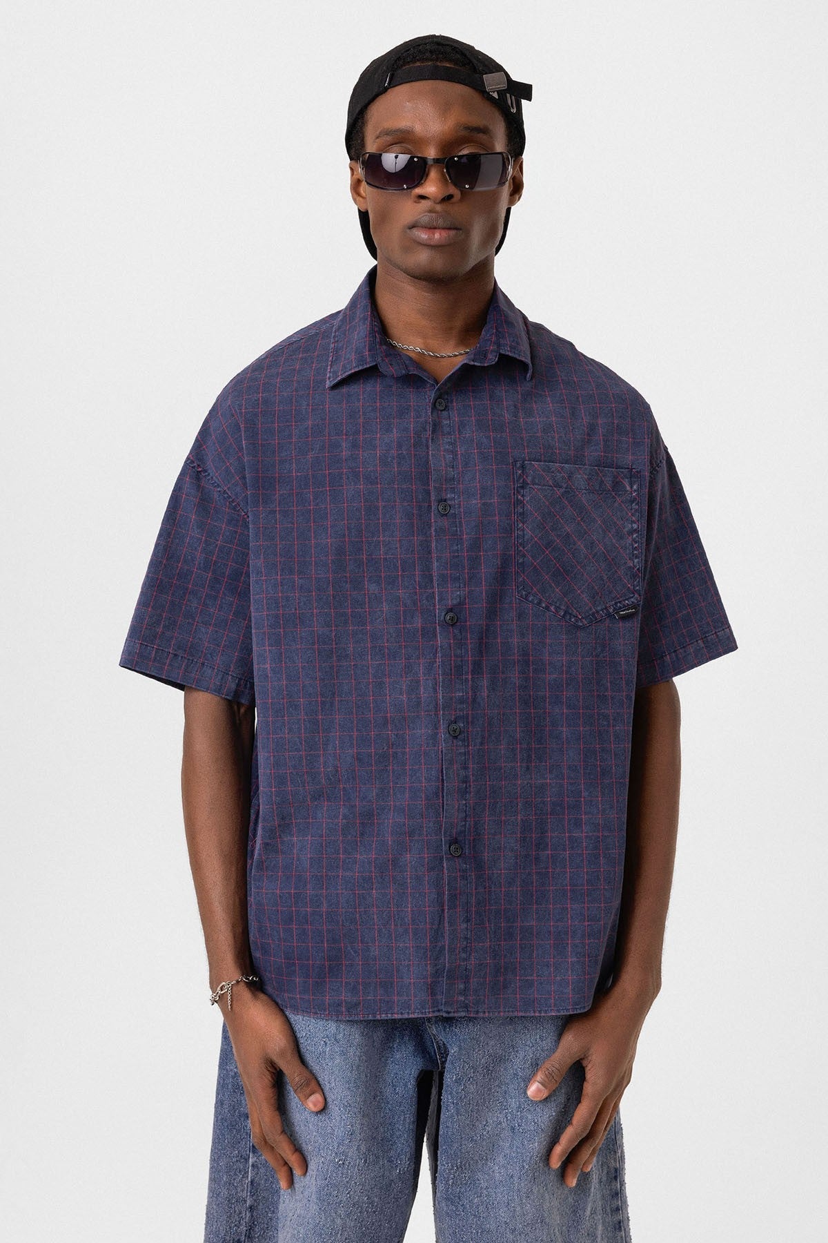 Oversized Short-Sleeve Checkered Shirt with Pockets