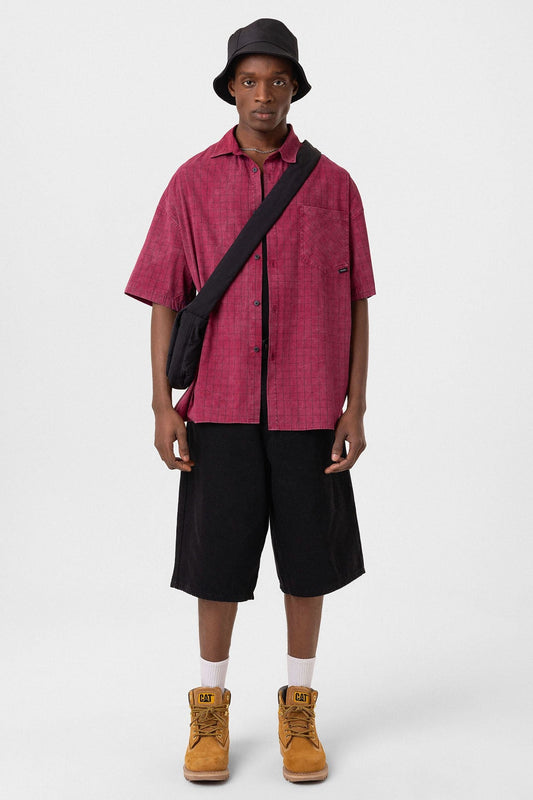 Oversized Short-Sleeve Checkered Shirt with Pockets